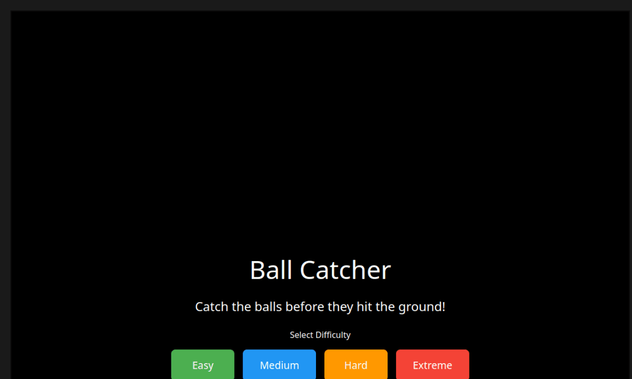 Ball Catcher game interface with falling balls and a camera-based hand controller