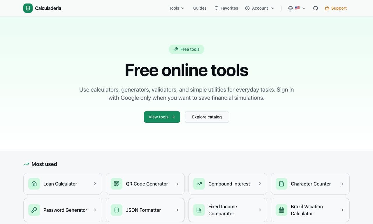 Calculaderia home page showing a library of financial calculators